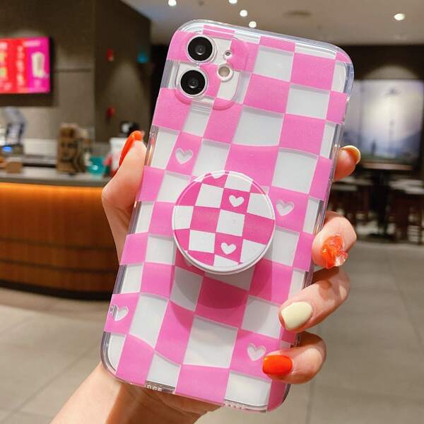 

Checkered Pattern Phone Case With Stand-Out Phone Grip, Pink