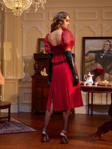 Meng Fei Lin Contrast Mesh Puff Sleeve Sweetheart Neck Split Thigh Dress - Red - View 2