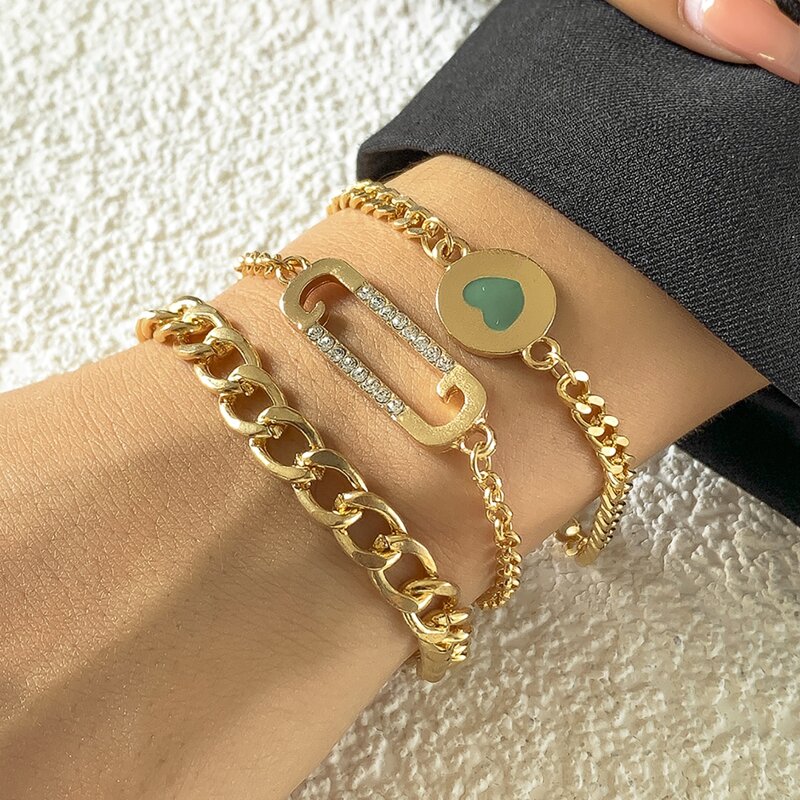 

3pcs Heart Decor Bracelet, Gold