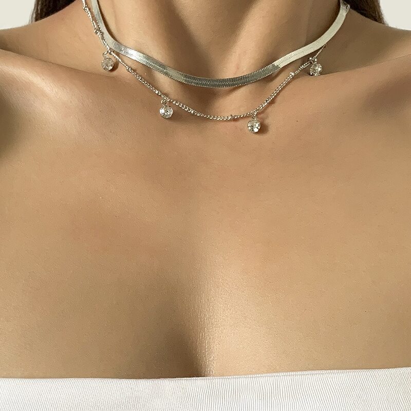 

2pcs Rhinestone Decor Chain Necklace, Silver