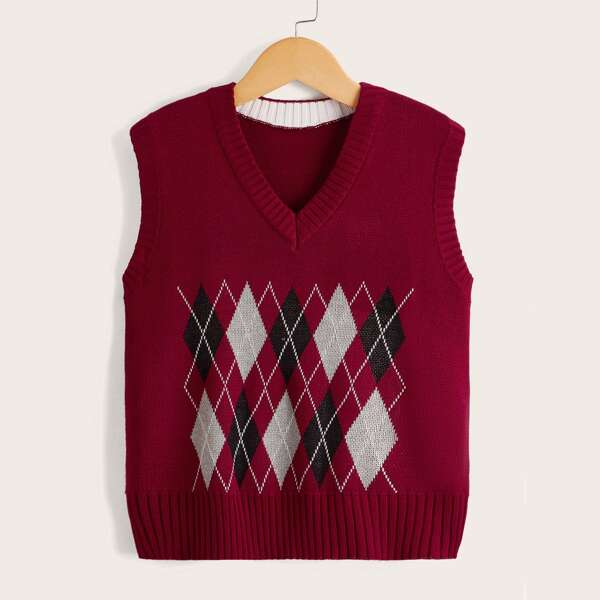 

Boys Colorblock Argyle Pattern Sweater Vest, Burgundy