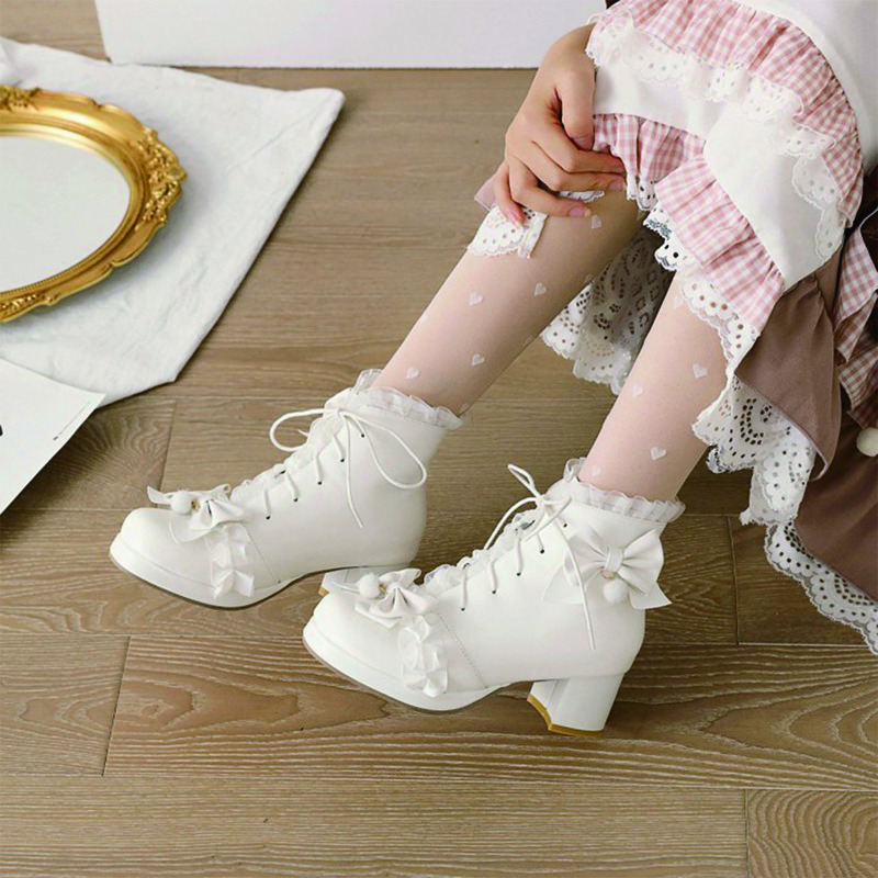 

Bow & Ruffle Decor Chunky Boots, White