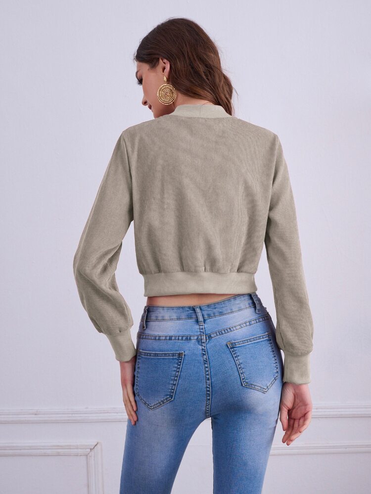 Solid Zipper Front Crop Bomber Jacket - Khaki - View 2
