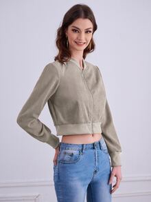 Cazadoras para Mujer Cremallera Liso Casual - Caqui - Ver 3