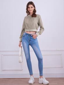 Cazadoras para Mujer Cremallera Liso Casual - Caqui - Ver 4