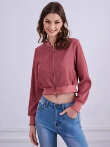 Cazadora tipo bomber unicolor con cremallera delantera corto - Rosa vieja - Ver 3