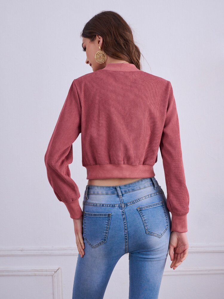Solid Zipper Front Crop Bomber Jacket - Dusty Pink - View 2