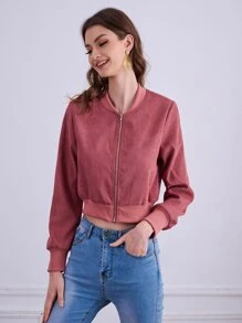 Cazadora tipo bomber unicolor con cremallera delantera corto - Rosa vieja - Ver 1