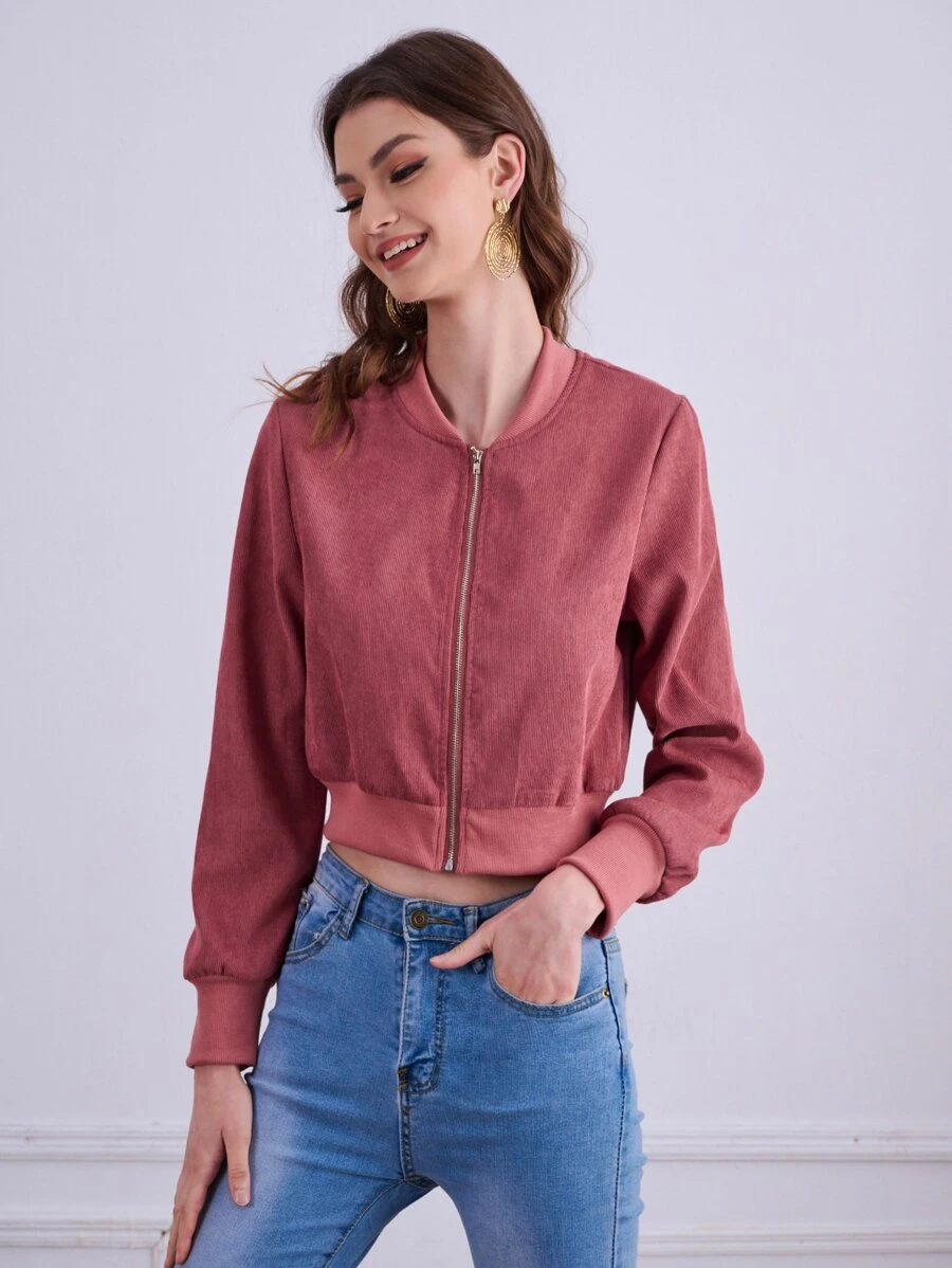 Cazadora tipo bomber unicolor con cremallera delantera corto - Rosa vieja - Ver 1