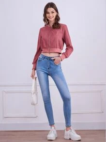 Cazadora tipo bomber unicolor con cremallera delantera corto - Rosa vieja - Ver 5