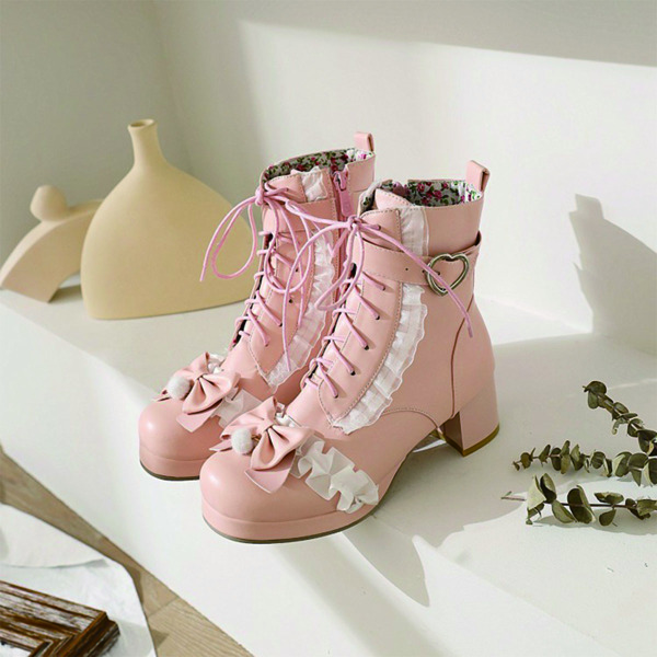 

Buckle & Bow Decor Lace-up Boots, Pink