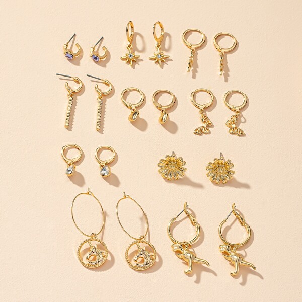 

10pairs Flower & Butterfly Decor Earrings, Gold