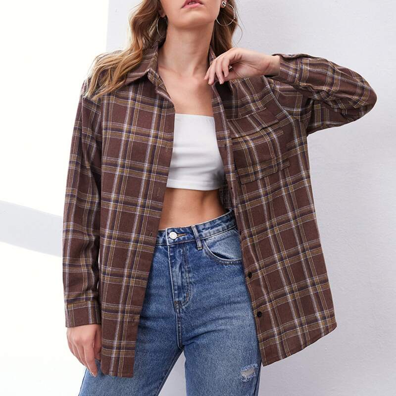 

Plaid Button Front Pocket Blouse, Multicolor
