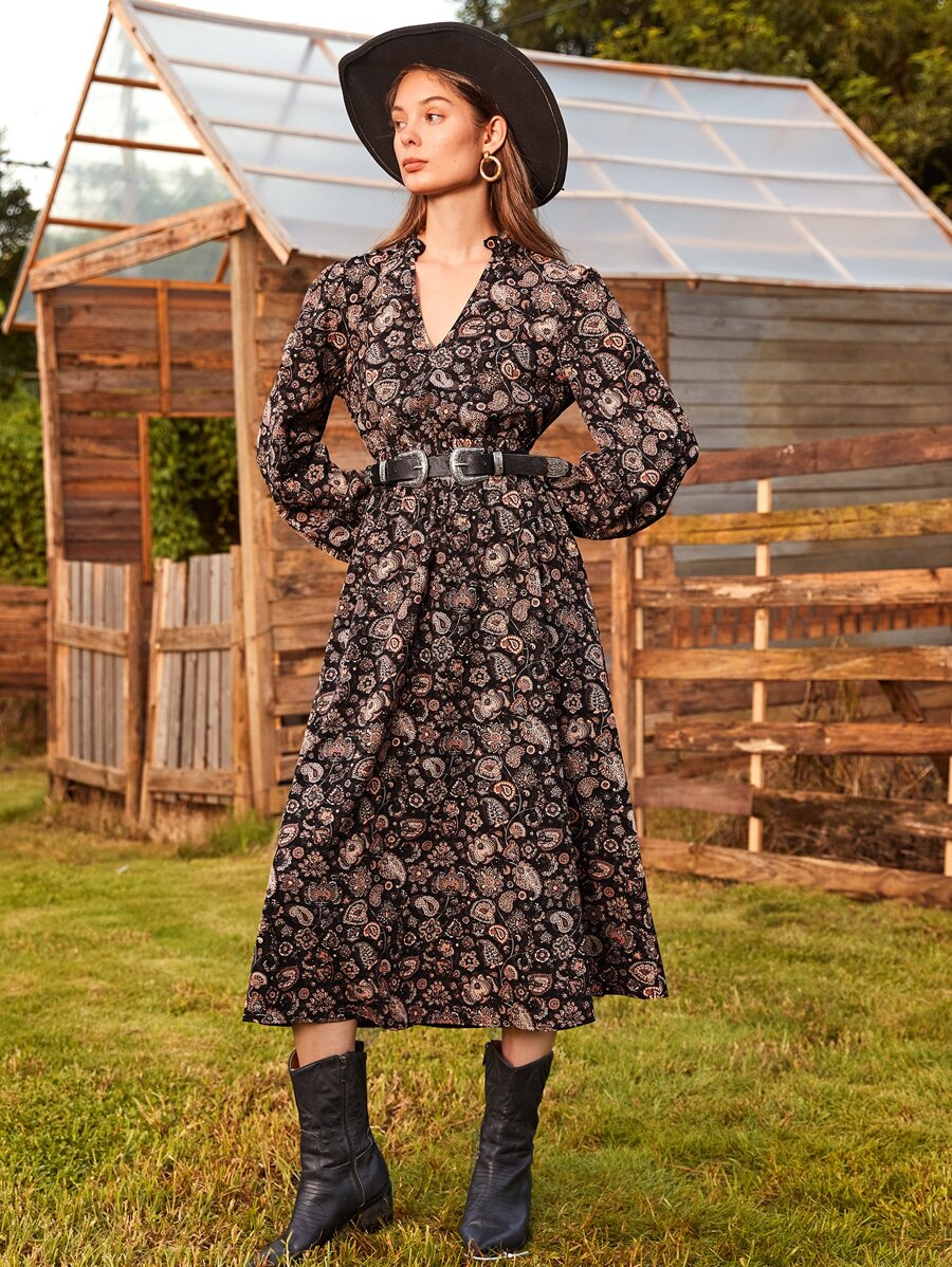 SHEIN 佩斯利和花圖案燈籠袖不附腰帶洋裝 - 彩色 - 查看 1