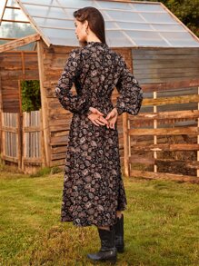 SHEIN 佩斯利和花圖案燈籠袖不附腰帶洋裝 - 彩色 - 查看 2