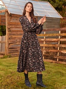 SHEIN 佩斯利和花圖案燈籠袖不附腰帶洋裝 - 彩色 - 查看 3