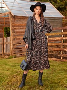 SHEIN 佩斯利和花圖案燈籠袖不附腰帶洋裝 - 彩色 - 查看 4