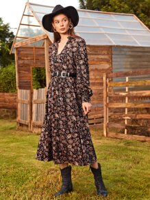 SHEIN 佩斯利和花圖案燈籠袖不附腰帶洋裝 - 彩色 - 查看 5