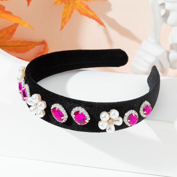 

Rhinestone & Faux Pearl Decor Headband, Black