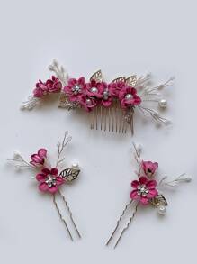 3件套手工花朵珍珠发饰发梳发夹发夹套装女士 - 玫紅色 - 查看 1