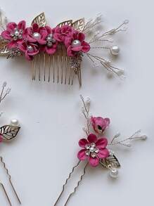 3件套手工花朵珍珠发饰发梳发夹发夹套装女士 - 玫紅色 - 查看 3