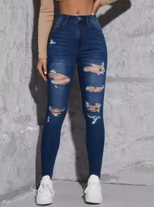 SHEIN Essnce 漂白水洗破洞抽鬚緊身牛仔褲