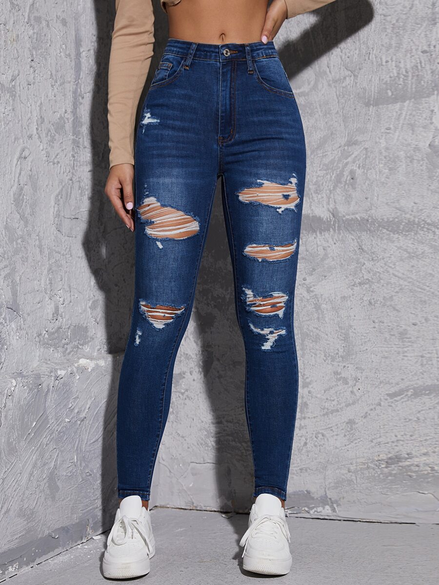 SHEIN Essnce 漂白水洗破洞抽鬚緊身牛仔褲