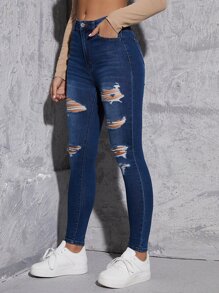 SHEIN Essnce 漂白水洗破洞抽鬚緊身牛仔褲