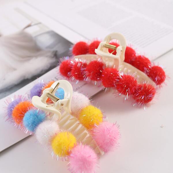 

2pcs Pom Pom Decor Hair Claw, Multicolor