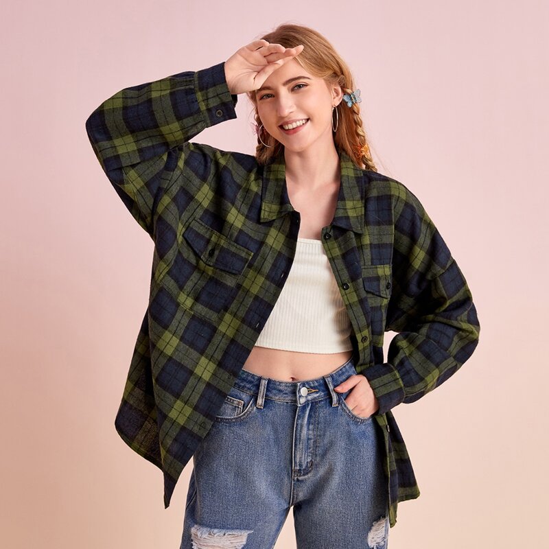 

Plaid Button Front Pocket Blouse, Multicolor