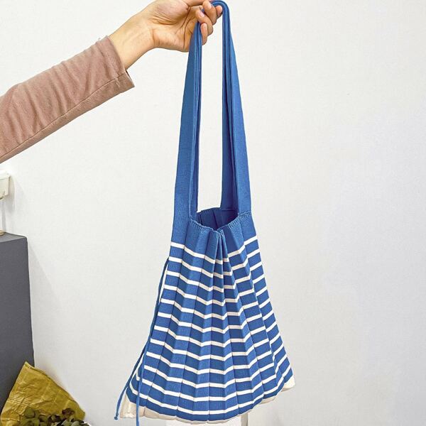 

Striped Pattern Knit Detail Shopper Bag, Blue
