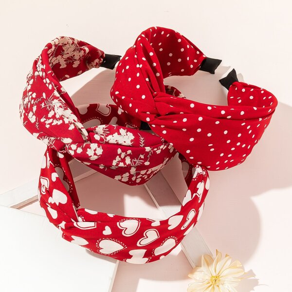 

3pcs Heart & Flower Print Headband, Multicolor