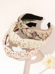 3pcs/Set Solid Color & Floral Printed Wide Brim Fabric Style Headbands With Faux Pearls For Beach Vacation Boho - Multicolor - View 6