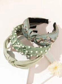 3pcs Style Crochet Flower & Solid Color Wide Headband With Faux Pearl For Beach Vacation Boho - Multicolor - View 9