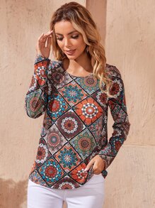 EMERY ROSE Top de cuello redondo con estampado de dibujo - Multicolor - Ver 1
