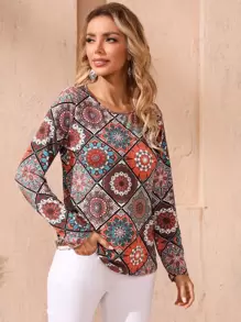 EMERY ROSE Top de cuello redondo con estampado de dibujo - Multicolor - Ver 4