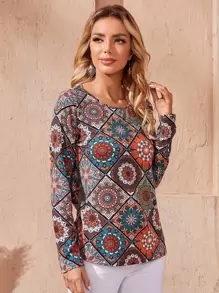 EMERY ROSE Top de cuello redondo con estampado de dibujo - Multicolor - Ver 3