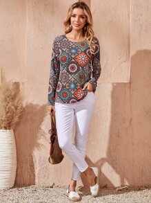 EMERY ROSE Top de cuello redondo con estampado de dibujo - Multicolor - Ver 5