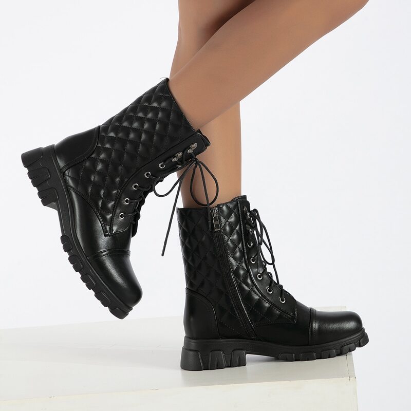 

Quilted Pattern Lace Up Design Side Zipper Combat Boots, Black