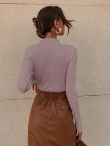 RueChic Jersey de cuello alto tejido de canalé unicolor - Púrpura malva - Ver 2