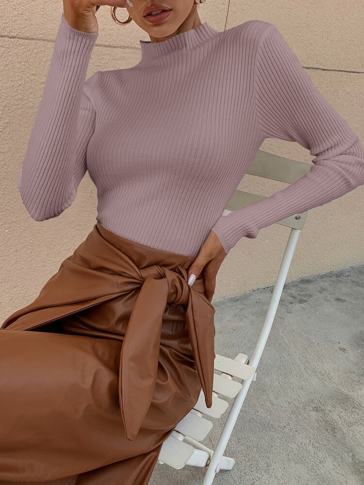 Mock Neck Ribbed Knit Solid Sweater - Mauve Purple - View 4
