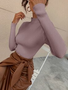 RueChic Jersey de cuello alto tejido de canalé unicolor - Púrpura malva - Ver 5