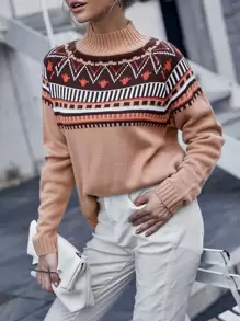 Fair Isle Pattern Mock Neck Jumper - Multicolor - View 1