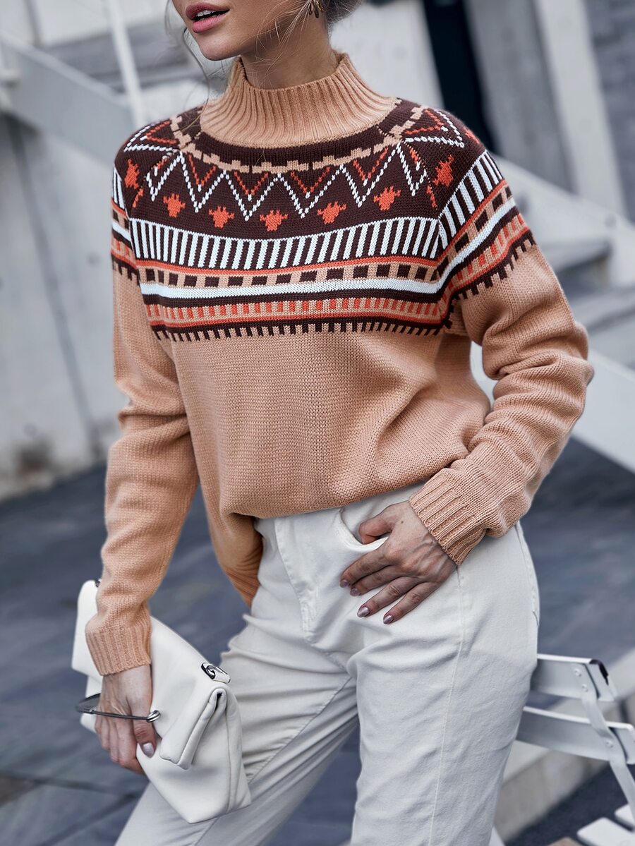 Fair Isle Pattern Mock Neck Jumper - Multicolor - View 1