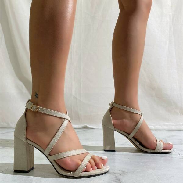

Buckle Detail Ankle Strap Chunky Heeled Strappy Sandals, Beige