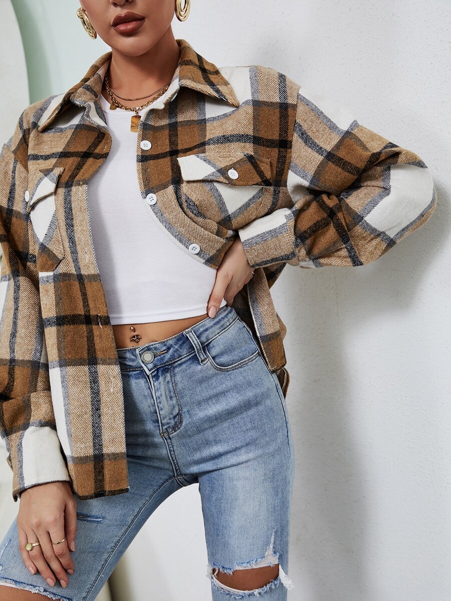 SHEIN Essnce Plaid Flap Pocket Shirt - Multicolor - View 1