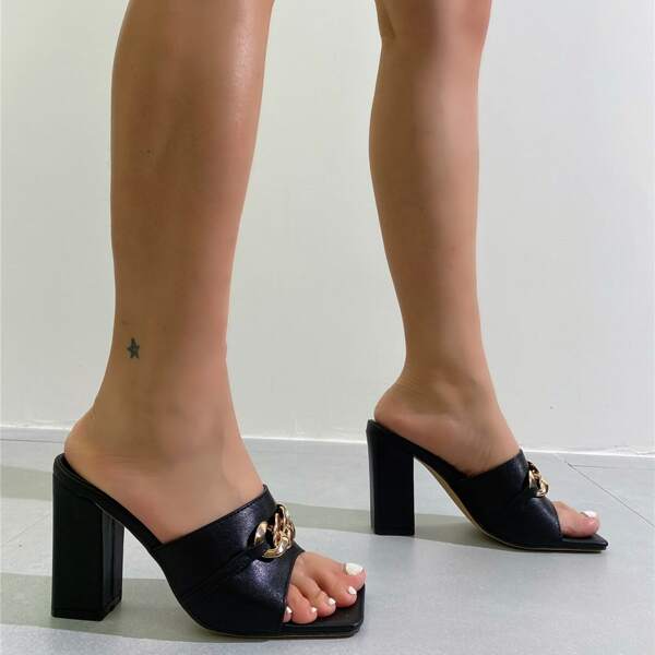 

Chain Decor Chunky Heeled Mules, Black