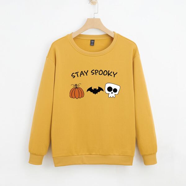 

Plus Halloween & Slogan Graphic Thermal Lined Sweatshirt, Yellow