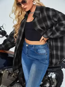 Flirla Plus Size Checkered Long Sleeve Casual Shirt, Suitable For Work & Outdoor - Black and White - View 1