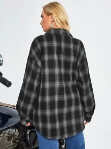 Flirla Plus Size Checkered Long Sleeve Casual Shirt, Suitable For Work & Outdoor - Black and White - View 2